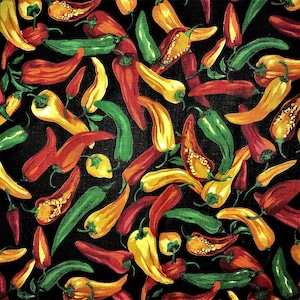 Mia's Fabrics Inc, Black Hot Chili Pepper Print Poly Cotton Fabric by The Yard (Pick a Size)