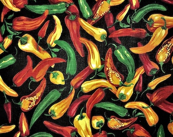 Chili Pepper Print Fabric: Black Poly Cotton Material By The Yard