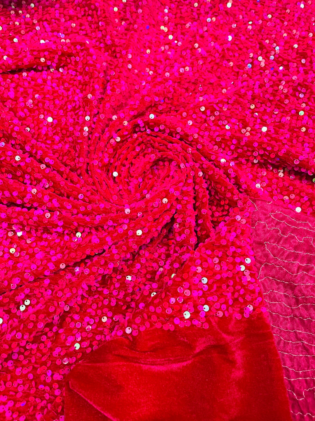 Hot Pink Iridescent Sequin Velvet Fabric on Stretch Velvet by the Yard