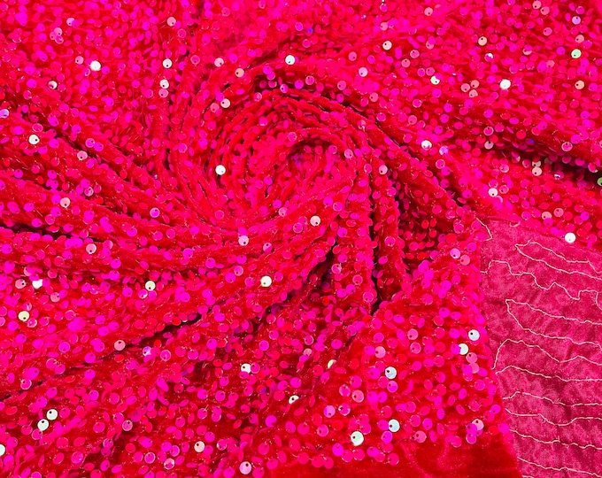 Hot Pink Iridescent Sequin Velvet Fabric | on Stretch Velvet | by the yard | all Over 5mm Sequins Velvet 2-way Stretch 58/60”