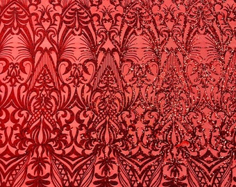 Red Sequin Fabric - by the yard - Damask Design on a 4 Way Stretch Shine Sequins Fabric Mesh-Prom-Gown
