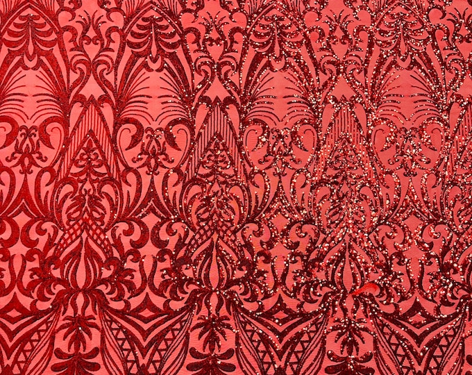 Red Sequin Fabric - by the yard - Damask Design on a 4 Way Stretch Shine Sequins Fabric Mesh-Prom-Gown