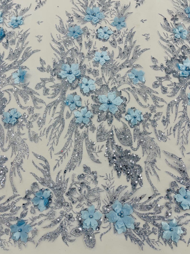 Baby Blue Glitter Floral Mesh, Glitter 3D Flower Sequin Fabric, Wedding ...