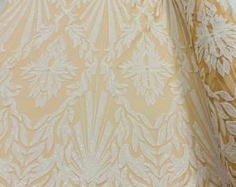 White Sequins Lace Fabric, Geometric Embroidered Nude Mesh, Prom Gown Fabric