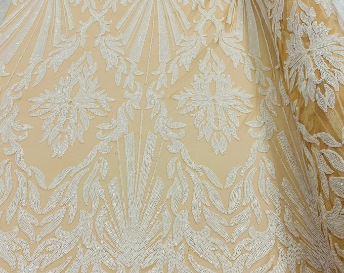 White Sequins Lace Fabric On Nude Mesh, Geometric Design Embroidered On 4 way Stretch Sequin By The Yard -Prom-Gown ( Choose The Size )