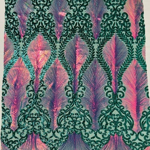 Rainbow Iridescent/Hunter Green Sequins Fabric by the yard (Pick a Size) Tow Tone 4 Way Stretch Damask Design Sequin Fabric