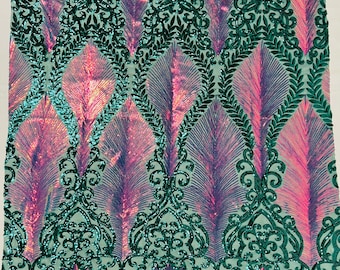 Iridescent Rainbow Sequins Fabric: Hunter Green Damask, 4-Way Stretch