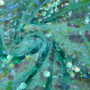 Round Sequin Paillette Iridescent Clear, Tear Drop Mermaid Sequins Fabric On Mint Mesh(Pick a Size)