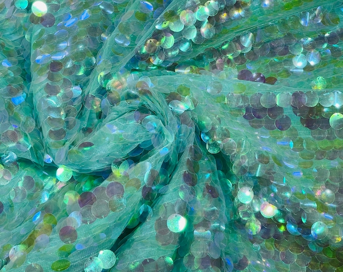 Round Sequin Paillette Iridescent Clear, Tear Drop Mermaid Sequins Fabric On Mint Mesh(Pick a Size)