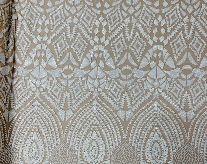 White Sequin Fabric on Nude Mesh 4 Way Stretch - Geometric Design Embroidery With Sequins (Pick a Size) by the yard