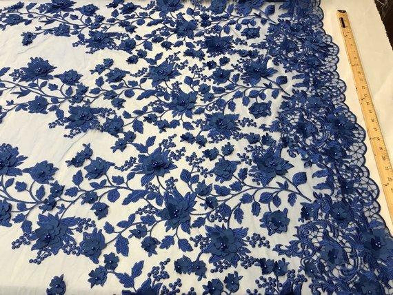 Royal Blue 3D Floral Embroidered Mesh Lace Fabric With Pearls - Etsy