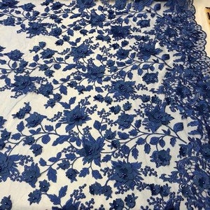 Navy 3d floral design embroider with beads and pearls on a mesh lace-prom-nightgown-sold by yard. main image 1