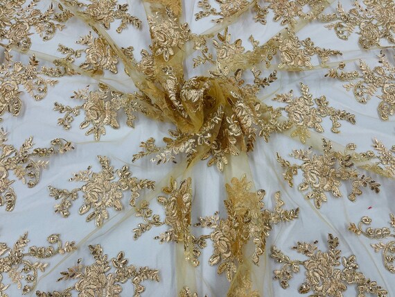 Metallic Gold Floral Lace Fabric Sold by the YARD Embroidery With