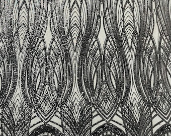 Black Sequins Fabric | 4 Way Stretch Fancy Big Damask Design Sequins on Spandex Mesh Prom Gala Gown Fabric By The Yard