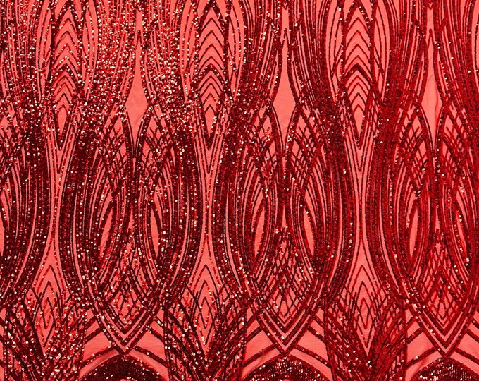 Red Sequins Fabric | 4 Way Stretch Fancy Big Damask Design Sequins on Spandex Mesh Prom Gala Gown Fabric By The Yard