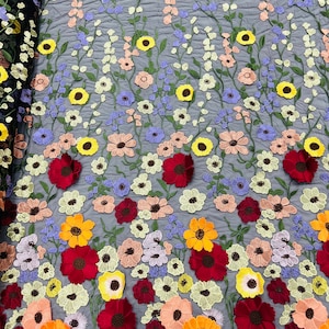Multi Color 3D Floral and Leaves Embroidery on ( Black Mesh ) Lace Fabric 3D Flower Bridal Lace Wedding Dress by the Yard (Pick a Size)