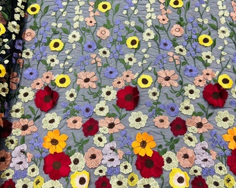 Floral Embroidery Lace Fabric: Multi-Color 3D Flowers on Black Mesh, Bridal Wedding Dress Fabric