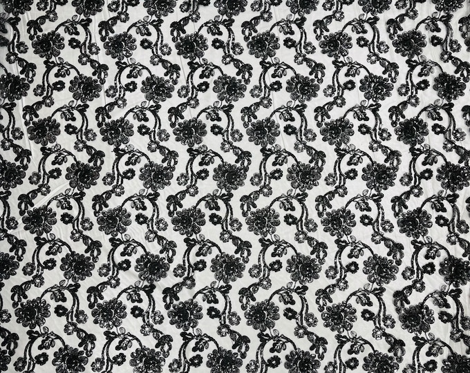 Black Flowers With Sequins Corded Lace On Mesh Fabric By The Yard Used For -Dress-Bridal-Fashion