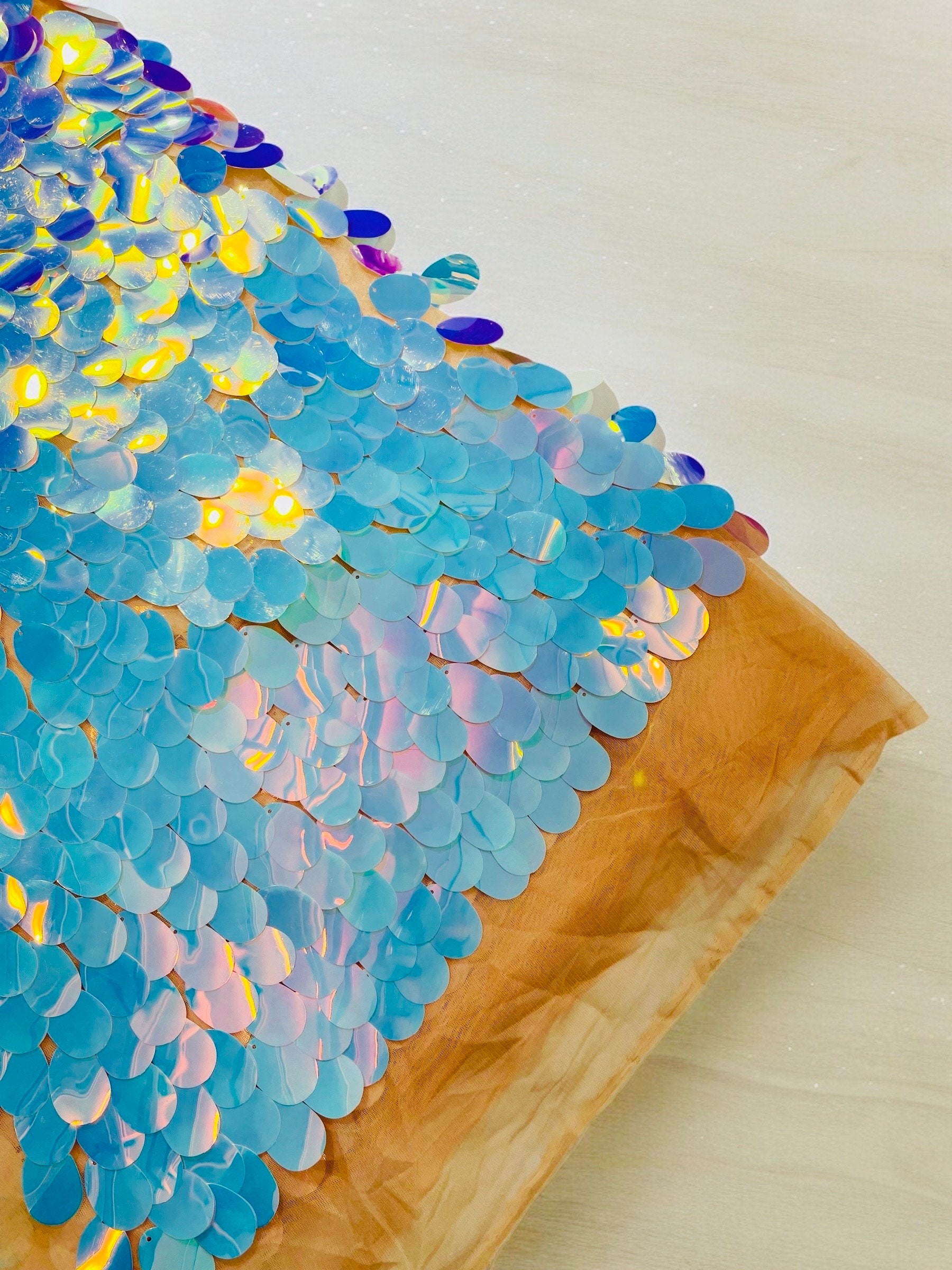 Aqua Iridescent Jumbo Sequins Oval Sequin Paillette by the yard - Blush Mesh Tear Drop Mermaid Big Sequins Fabric On a Mesh