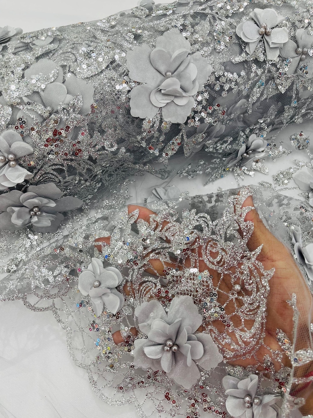 Silver/silver Big 3D Flower Glitter Sequin Fabric by the Yard, Big 3D ...