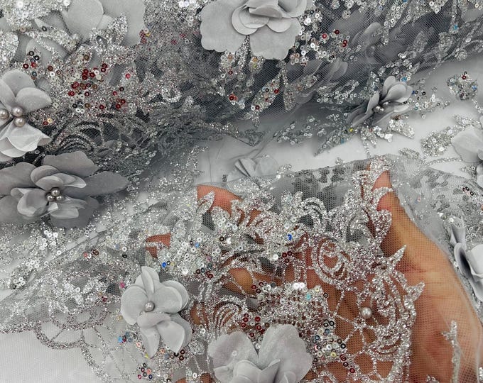 Silver/Silver Big 3D Flower Glitter Sequin Fabric by the yard, Big 3D Floral Glitter Sequin On Mesh for wedding dress Quinceañera