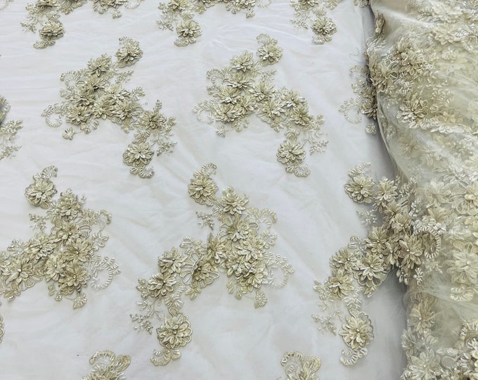 Lt Silver 3D Floral Lace Fabric by the yard, Flower Design Embroider With Rhinestones On a Mesh, Prom-Dresses Beaded Fabric