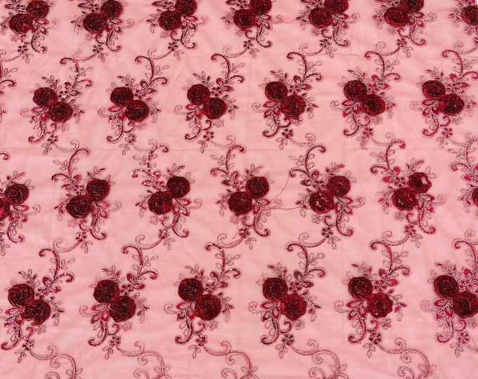 Burgundy Flowers Floral Lace Fabric - By The Yard - Embroidery Flower With Sequins on a Mesh Lace Fabric For Gown, Wedding-Bridal