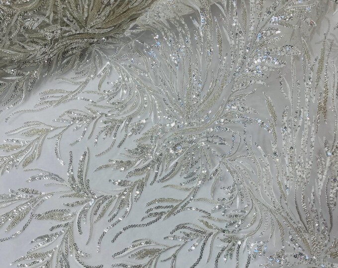 Off White Beaded Fabric by the yard, Bridal beaded, Damask Pattern With Beads and Sequin, Appliqué lace for bridals,weddings,prom dress.