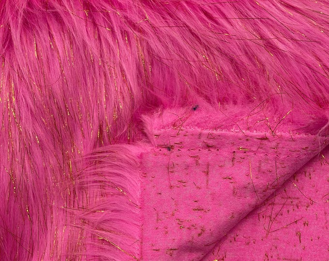Hot Pink Tinsel Shaggy Long Pile Faux Fur Fabric By The Yard, Luxury Shaggy With Metallic Tinsel Strands, Costume, Apparel, Decoration 60"