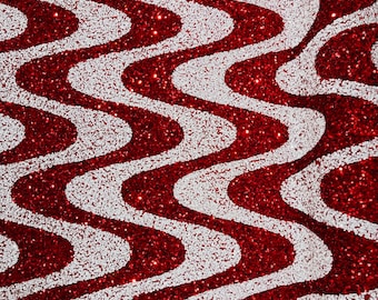 Red Stretch Velvet Sequin Fabric: Wavy Line Design, 5mm Sequins
