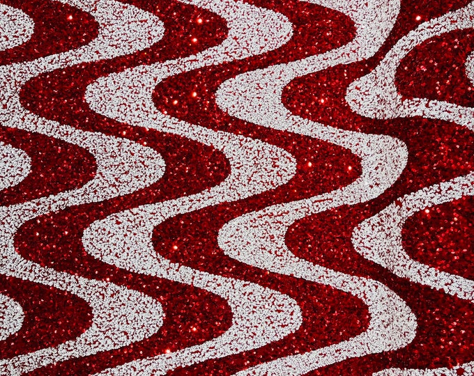 Stretch Velvet Sequins - Red / White Sequin on Stretch Velvet Fabric - Wavy Line Design with 5mm Sequins By Yard