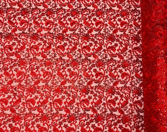 Metallic Red Floral Lace Fabric By The Yard, Embroidery With Sequins on a Mesh Lace Fabric, Corded sequins Lace
