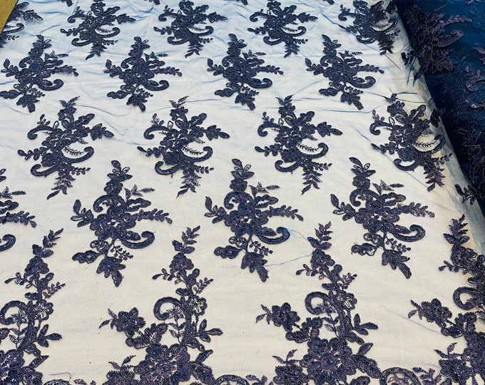 Navy Lace Fabric, Corded Flower Embroidery With Sequins on a Mesh Lace Fabric By The Yard For Gown, Wedding-Bridal-Dress