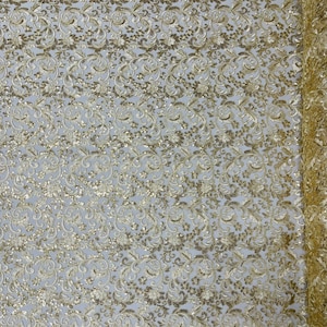 Metallic Light Gold Floral Lace Fabric By The Yard, Embroidery With Sequins on a Mesh Lace Fabric, Corded sequins Lace