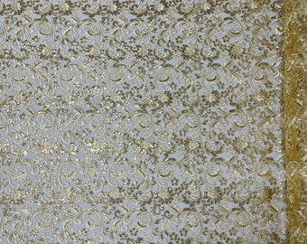 Metallic Light Gold Floral Lace Fabric By The Yard, Embroidery With Sequins on a Mesh Lace Fabric, Corded sequins Lace