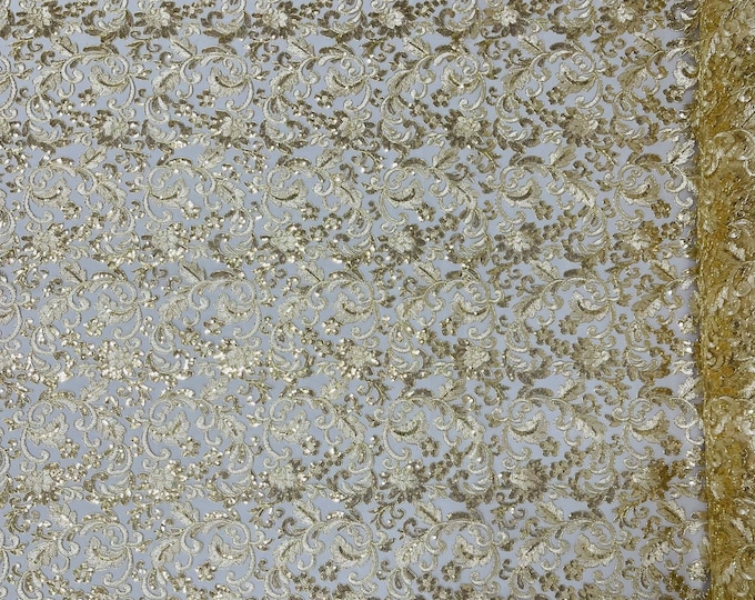 Metallic Light Gold Floral Lace Fabric By The Yard, Embroidery With Sequins on a Mesh Lace Fabric, Corded sequins Lace
