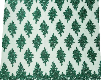 Hunter Green Beaded Lace Fabric: Embroidered Floral Sequins, Bridal Wedding Fabric