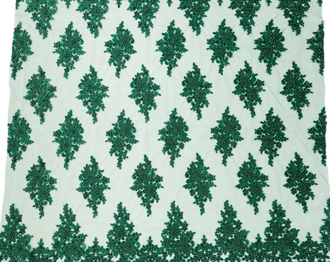 Hunter Green Flower Beaded Fabric by the yard - Embroidered Beaded With Sequins Wedding Bridal Fabric | Lace Beaded