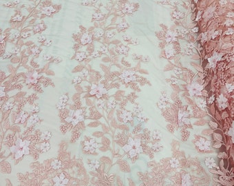 New Pink 3D Flower-Floral Design Embroider and Beaded With Pearls On a Mesh Lace-Prom-Dresses-Nightgown-Apparel-Fashion By The Yard