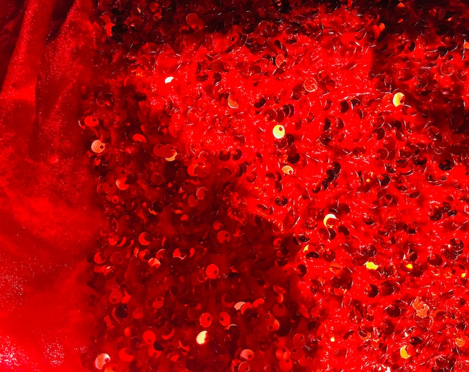 Red Sequin Stretch Velvet Fabric: 5mm Shining Sequins, 2-Way Stretch (58/60")