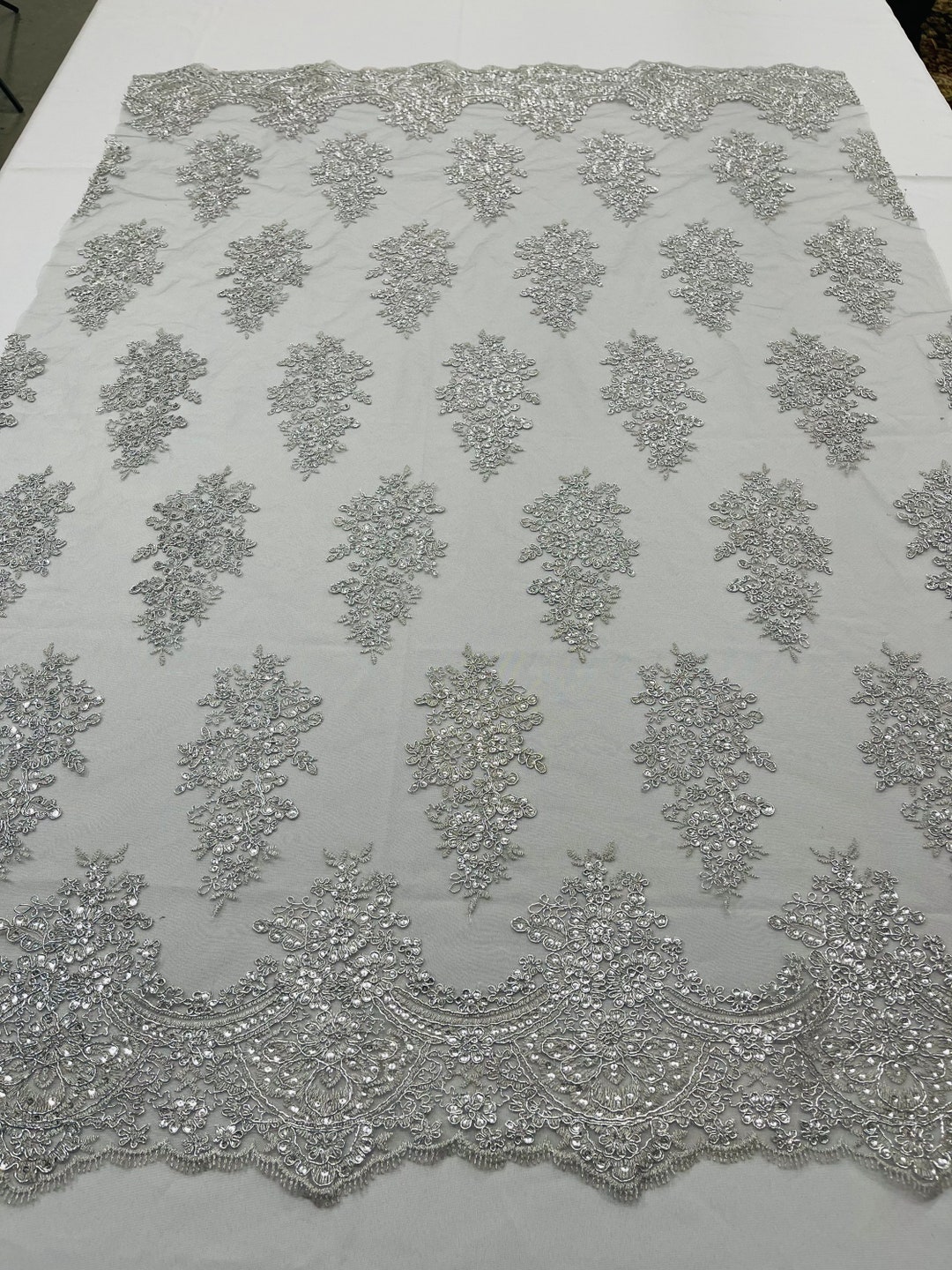 SILVER METALLIC DAMASK LACE EMBROIDERY ON A TEXTURE MESH-BY YARD. main image 1