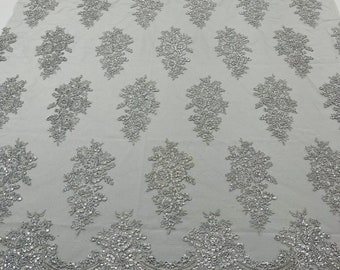 Metallic Silver Floral Lace Fabric - by the yard - Embroidery With Sequins on a Mesh Lace Fabric For Wedding-Bridal