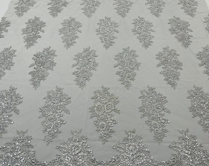 Metallic Silver Floral Lace Fabric - by the yard - Embroidery With Sequins on a Mesh Lace Fabric For Wedding-Bridal