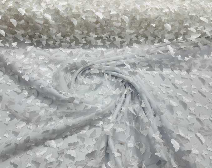 Ivory 3D Butterfly Lace Fabric Embroidered on Tulle Mesh Lace Fabric, Floral Bridal Lace Wedding Dress by the Yard (Pick a Size)
