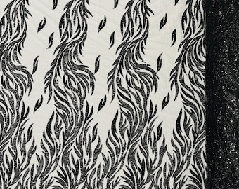 Black Beaded Floral Lace Fabric: Embroidered Sequin Mesh, Bridal Design