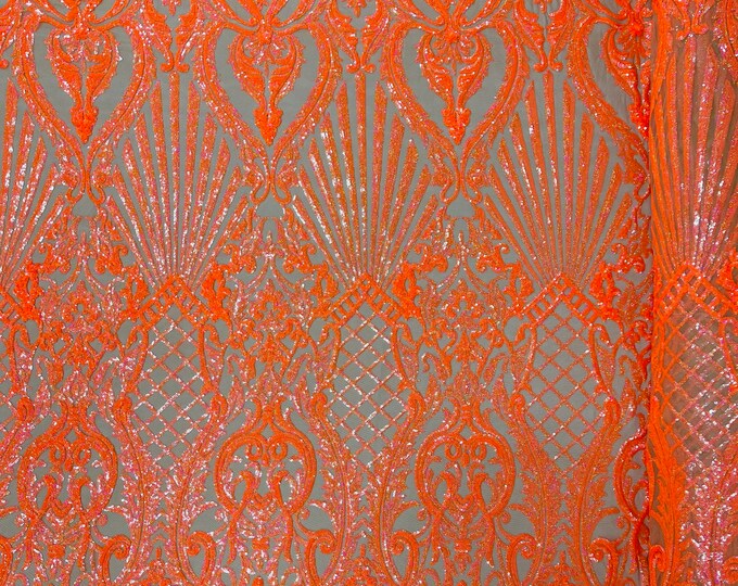 Orange Holographic Sequin Fabric, Nude Mesh Selena Damask Design on a 4 Way Stretch Sequin Lace Mesh - Prom Gala Gown Fabric By Yard