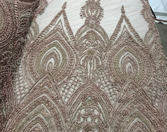 Mia Fabrics Inc, Mauve Beaded Fabric - by Yard - Embroider With Pearls and Heavy Beading on a Mesh Lace-dresses-prom