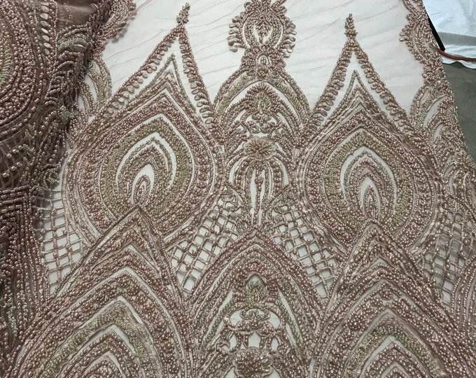 Mia Fabrics Inc, Mauve Beaded Fabric - by Yard - Embroider With Pearls and Heavy Beading on a Mesh Lace-dresses-prom