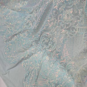 Blue Iridescent Sequin Fabric: Damask Mesh, 4-Way Stretch