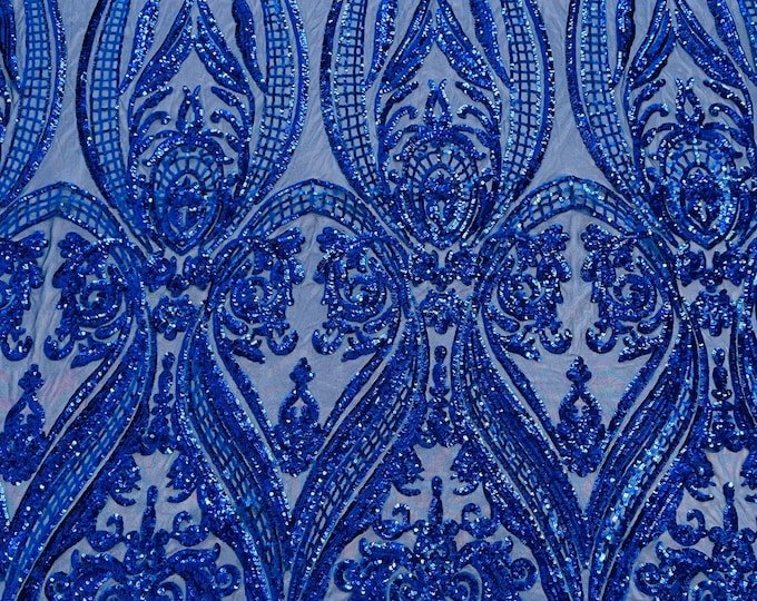Royal Blue Sequins - 4 Way Stretch Fancy Big Damask Design Sequins on Spandex Mesh Prom Gala Gown Fabric By The Yard